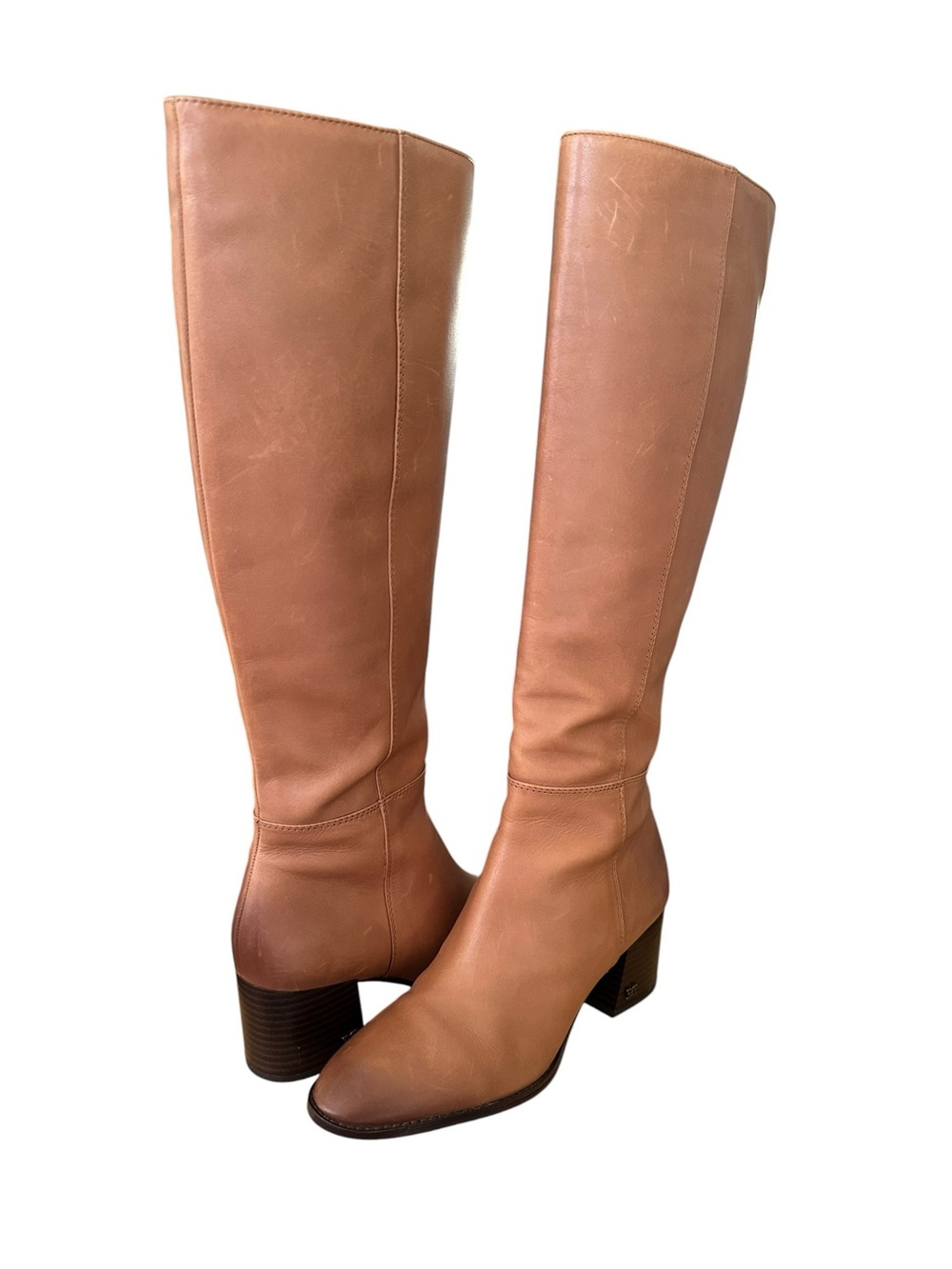 SAM EDELMAN Cognac Leather Knee High Boots Block Heel Riding Boots Size 7.5